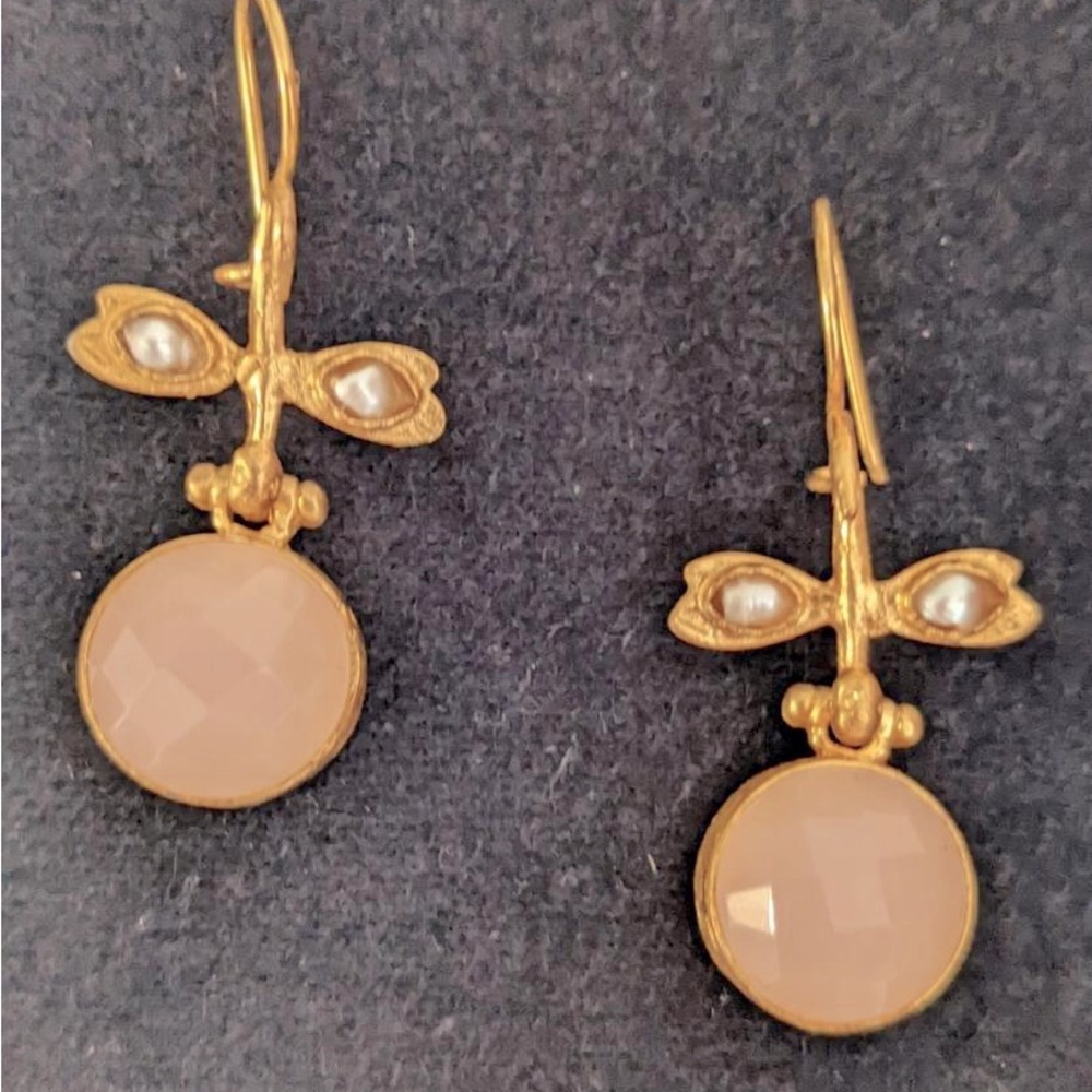 Handmade rose quartz and grey pearl drop earrings